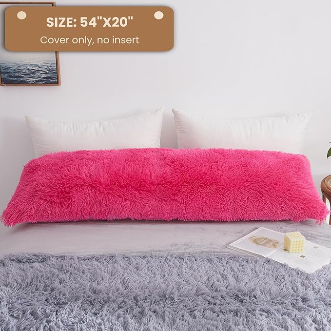 MEGO Luxury Fluffy Body Pillow Cover, 20x54 Shaggy Faux Fur Body Pillow Case, Soft Plush Fuzzy Body Pillowcase, Decorative Furry Long Bed Pillow with Zipper Closure Hug Pillow for Bedroom Hot Pink