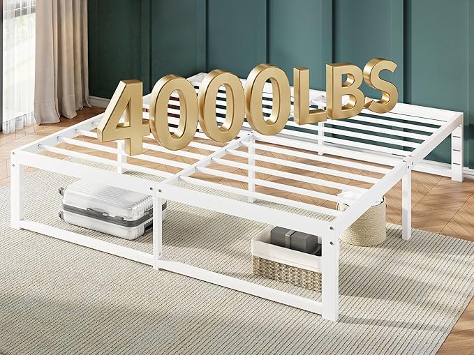 Allewie King Size Bed Frame, 14 Inch Metal Platform Bed Frame with 4000LBS Heavy Duty Steel Slats Support, Noise Free, Easy Assembly, No Box Spring Needed, White