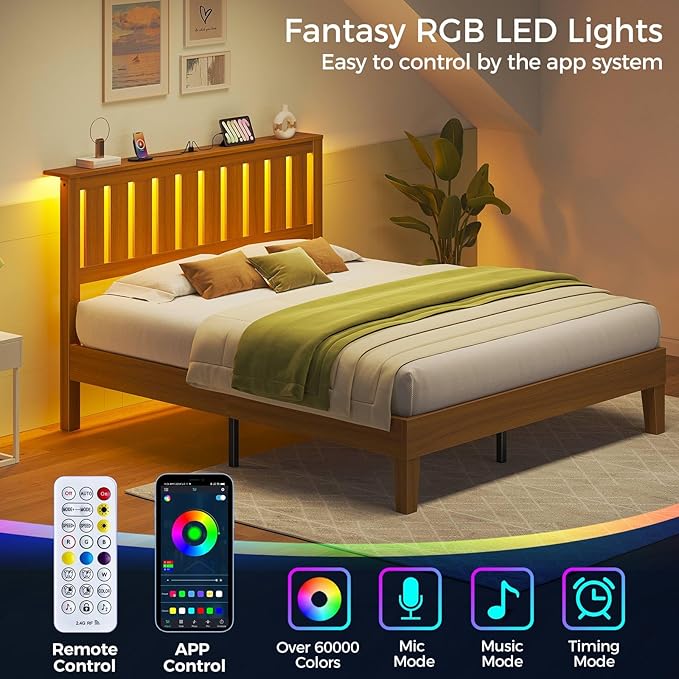 Rolanstar Full Bed Frame with Headboard, Charging Station and LED Lights, Wooden Bed Frame Foundation with Wood Slat Support, No Box Spring Needed, Pine