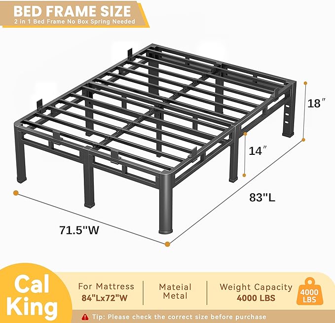 18 Inch Cal King Bed Frame Heavy Duty, Metal Double Layer Steel 4000 lbs Capacity, Platform with Large Under Bed Storage Space, No Box Spring Needed, Noise-Free, Easy Assembly