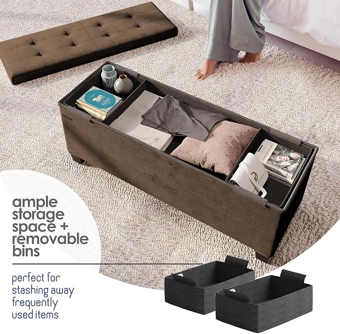 Storage Ottoman Bench with Bins, 43-in Storage Bench for Bedroom End of Bed, Folding Foot Rest Ottoman for Living Room Max 660lbs, Velvet Ottomans, Brown