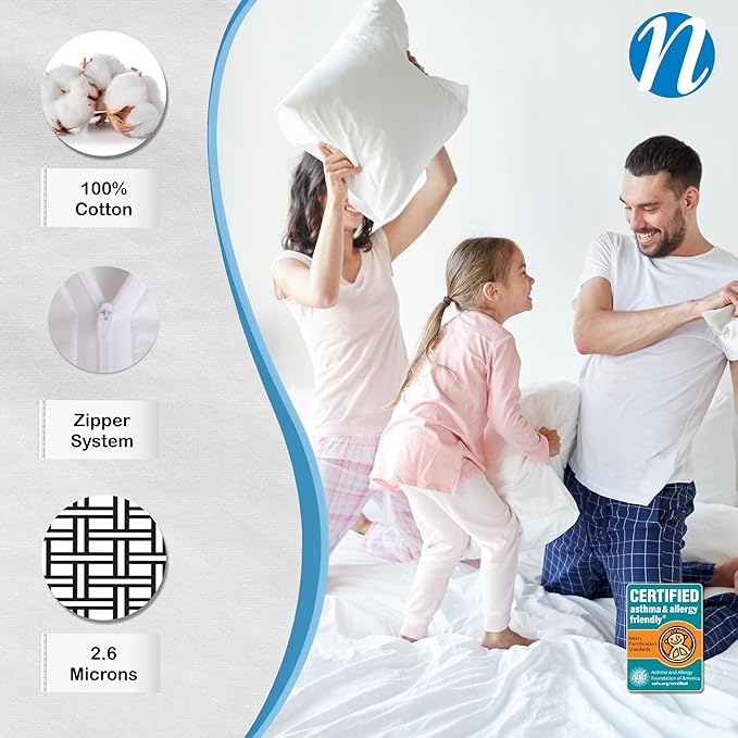 National Allergy Premium 100% Cotton Zippered Pillow Protector - King Size - White - 300 Thread Count - Hypoallergenic Bed Pillowcase with Zipper - Breathable Encasement Cover