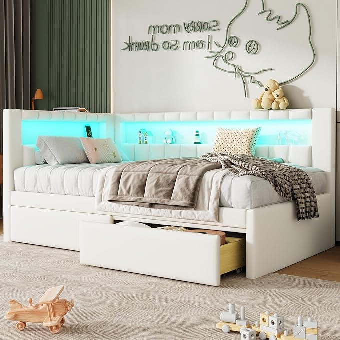 Merax Modern Upholstered Platform Bed Frame with USB Ports & Storage Drawers, Floor Sofa Day Bed, No Box Spring Needed/Easy Assemble/Twin,White