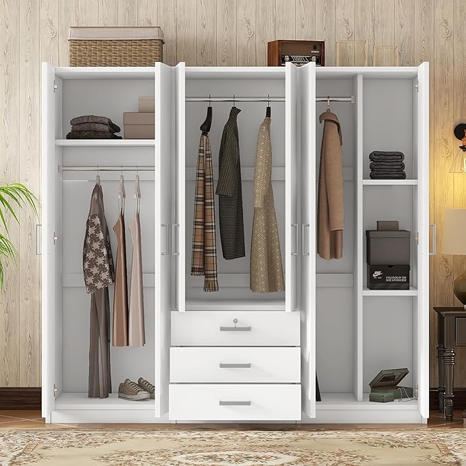 68" H Large 6 Doors Wooden Wardrobe Closet, Freestanding Armoire Wardrobe Closet Cabinet with 3 Drawers, Shelves and Hanging Rod for Hanging Clothes, Coat Closets for Bedroom, White