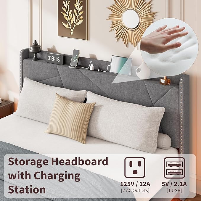 Garvee King Size Floating Bed Frame with RGB LED Lights and Charging Station, Upholstered Platform Bed with Storage Headboard and Button Tufted Design, No Box Spring Needed, Grey