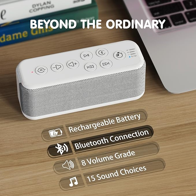 OnLyee White Noise Sound Machine with Bluetooth Speaker, 15 Soothing Sounds for Sleep, Baby & Office Privacy, 3000mAh Rechargeable, Auto-Off Timer, 8-Level Volume (White)