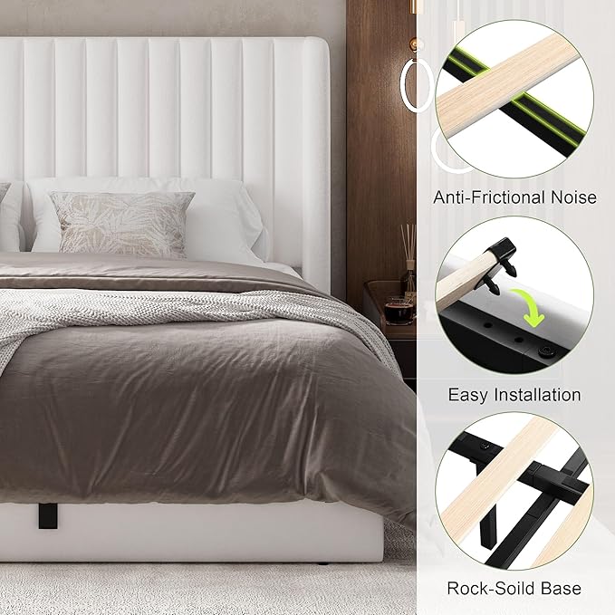Feonase Full Size Lift Up Storage Bed Frame, Velvet Upholstered Platform Bed Frame with Wingback Headboard, Hydraulic Storage, No Box Spring Needed, White