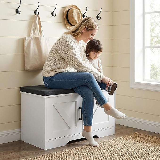 HOMSHO 2-Tier Storage Bench, 27.6" Wide Shoe Bench with Padded Seat Cushion, Entryway Bench with 2 Barn Doors and Adjustable Shelf, White