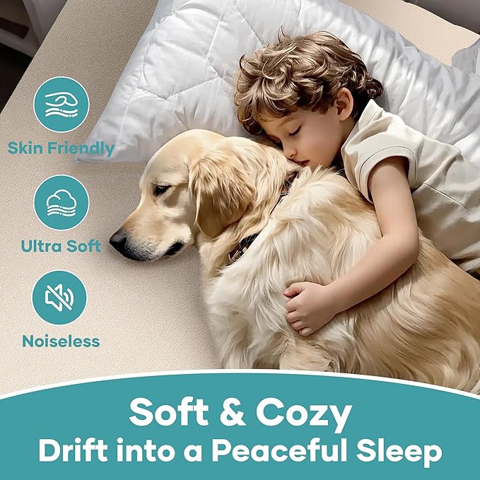 OhGeni 100% Waterproof Mattress Protector, Queen Beige Size, Fitted Sheet with Deep Pockets, 6''-18'', Premium Noiseless Breathable Soft Material, Mattresses Cover for Bed