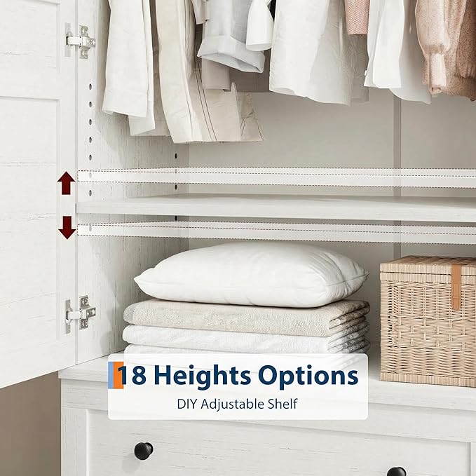 IDEALHOUSE Armoire Wardrobe Closet with 2 Drawers, 72" Tall Wooden Clothing Wardrobe with Hanging Rod & DIY Adjustable Shelf, Heavy Duty Bedroom Armoire Storage Cabinet with Doors, Rustic White