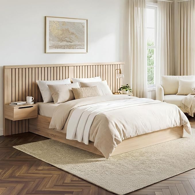 KISLOT Queen Size Wood Bed Frame with Built-in Nightstands, Modern Fluted Headboard & Storage Drawers, Solid Wood Slat Support, No Box Spring Needed, Noise-Free, Easy Assembly