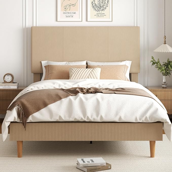 Queen Size Bed Frame, Upholstered Platform Bed with Adjustable Headboard, Vertical Fluted Tufted, Soft Corduroy Fabric, Strong Wooden Slats Support, No Box Spring Needed, Easy Assembly, Brown