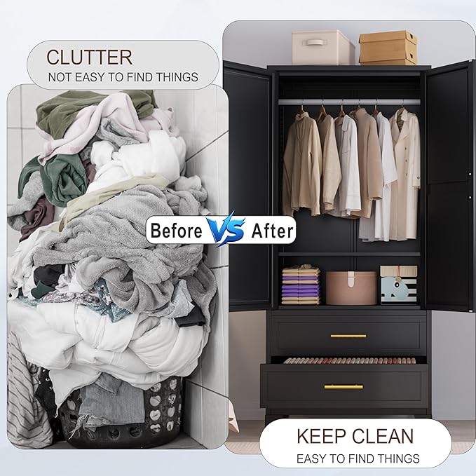 erosoei Metal Armoire Wardrobe Closet, 71 "Metal Clothing Storage Cabinet with Mirror and Adjustable Shelves, Household Steel Wardrobe Storage Cabinet with 2 Drawers and Hanging Rod(Armoire-Black)