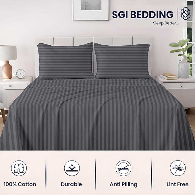 SGI bedding 100% Egyptian Cotton Sheets Twin XL Size – 600 Thread Count Sheets Set, Soft, Cooling, 15" Deep Pocket, Luxury Hotel Bedding, Breathable, Durable - Dark Grey Stripe