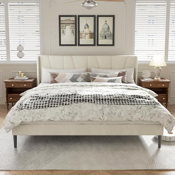 HAOARA King Bed Frame with Headboard, Velvet Upholstered Platform Bed Frames with Wingboard, Contemporary Mattress Foundation, Noise Free, No Box Spring Needed, Easy Assembly, Beige