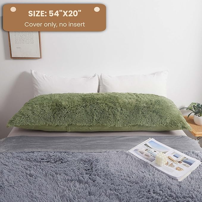 MEGO Fluffy Body Pillow Cover, 20x54 Shaggy Faux Fur Body Pillow Case, Green Comfy Plush Fuzzy Body Pillowcase, Furry Long Throw Bed Pillow Cover with Zipper for Adults Women Side Sleeper Sage Green