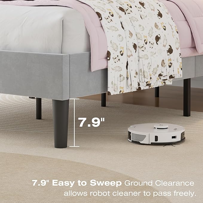 VECELO Twin Size Bed Frame with Upholstered Headboard, Heavy-Duty Bedframe with Wooden Slats & Steel Framework, Easy Assembly, Light Grey