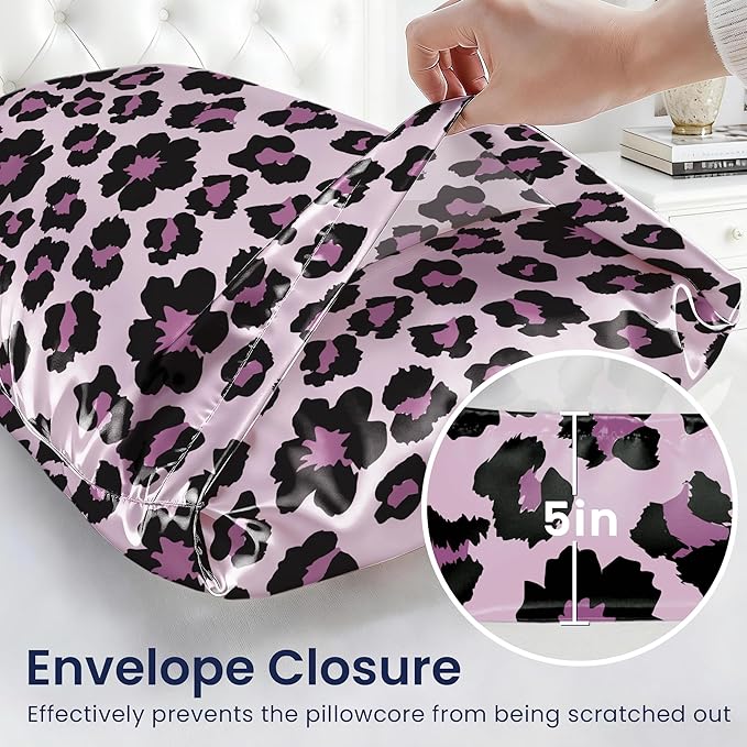 EXQ Home Satin Pillowcase for Hair and Skin - Printed Sweet Leopard Silk Pillowcase 2 Pack 20x26 inches - Standard Satin Pillow Cases with Envelope Closure, Gifts for Women Men