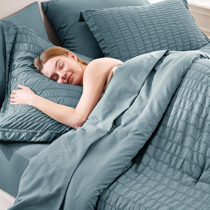 CozyLux Twin Comforter Set with Sheets 5 Pieces, Mineral Blue Seersucker Textured Bed in a Bag, Luxury Soft Bedding Sets with Down Alternative Comforter, Sheets, Pillowcase & Sham for All Seasons