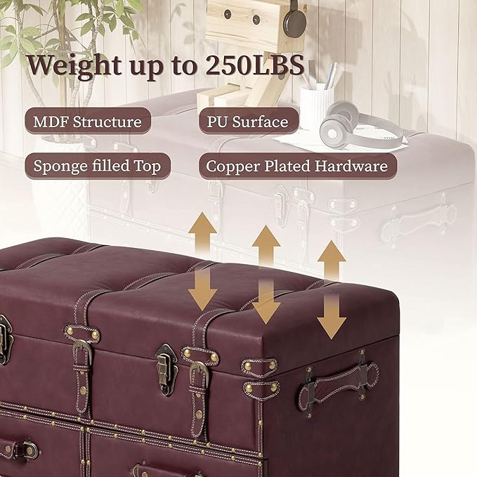 COZAYH Set of 2 Vintage Mid-Century Storage Ottoman Bench - Upholstered Padded Chest for Entryway, Bedroom, Living Room - Dark Magenta