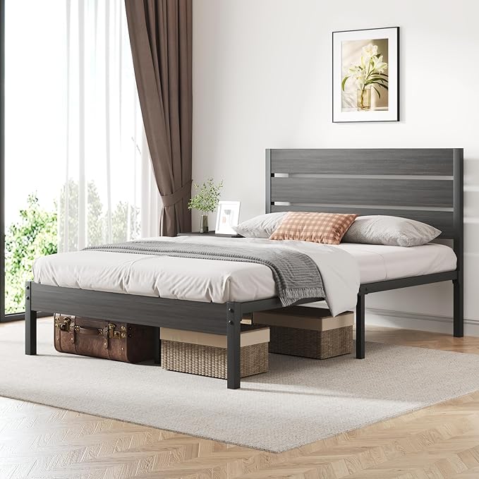 Fluest Full Bed Frame with Headboard and Footboard, Metal Platform Bed Frame with Under Bed Storage, All-Metal Support System, No Box Spring Needed, Easy Assembly,Rustic Grey