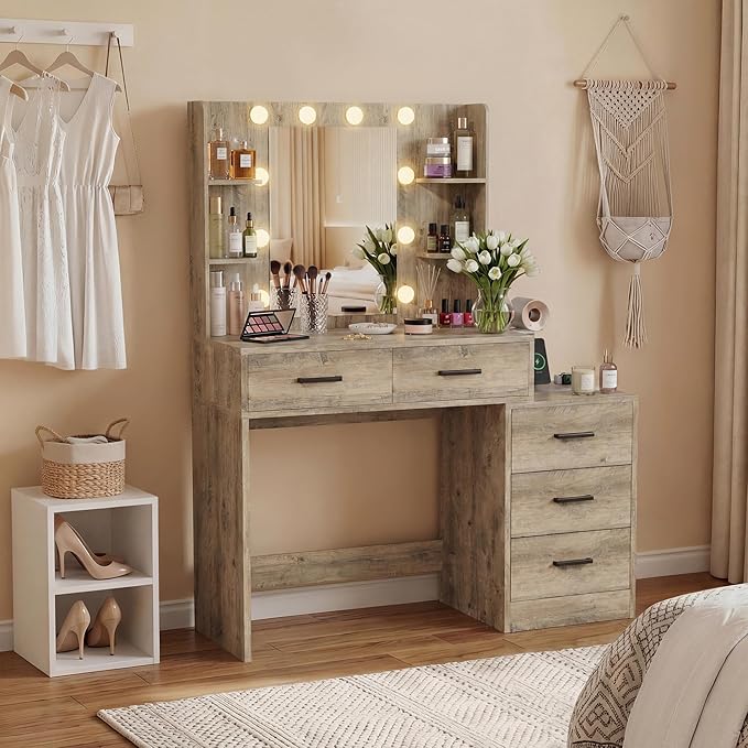 Furmax Makeup Vanity Desk with Mirror and Power Outlet, Vanity with 3 Color Light Options Adjustable Brightness, Vanity Table with 5 Drawers, 6 Storage Shelves, Nightstands (Rustic Oak)