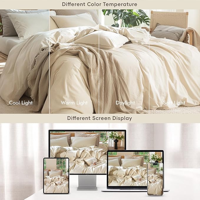 MooMee Bedding Duvet Cover Set 100% Washed Cotton Linen Like Textured Breathable Durable Soft Comfy (Heathered Almond Milk Grey, Palatial King/Oversized King 120"x98")