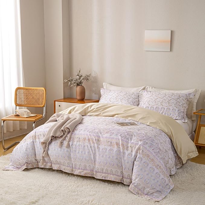 OAITE Duvet Cover Set Queen Size Floral Pattern Ultra Soft 100% Cotton Duvet Cover Sets 3-PC, Breathable Duvet Cover with Zipper Closure & Corner Ties(2 Pillow Shams,1 Duvet Cover)