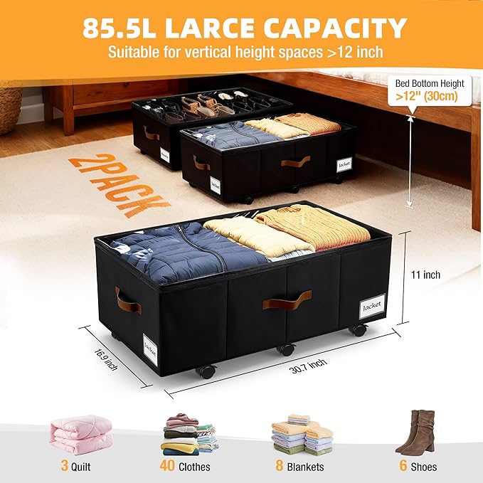 Under Bed Storage with Wheels,Underbed Storage with Sturdy Sidewalls/Bottom, Clear Cover, Label and PU Handle, Rolling Under Bed Drawers for Clothes, Shoes, 11 Inch Height,Black, 2 Pack