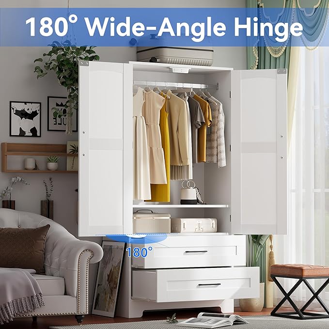 Wooden Armoire Wardrobe Closet with Drawers, Bedroom Armoires with Door and Shelves, Freestanding Wardrobe Clothing Storage Cabinet with Hanging Rod for Bedroom, Laundry Room, Cloak Room （White）