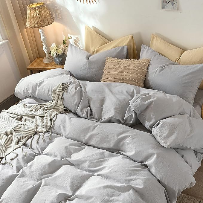 MooMee Bedding Duvet Cover Set 100% Washed Cotton Linen Like Textured Breathable Durable Soft Comfy (Lavender Grey, Queen)