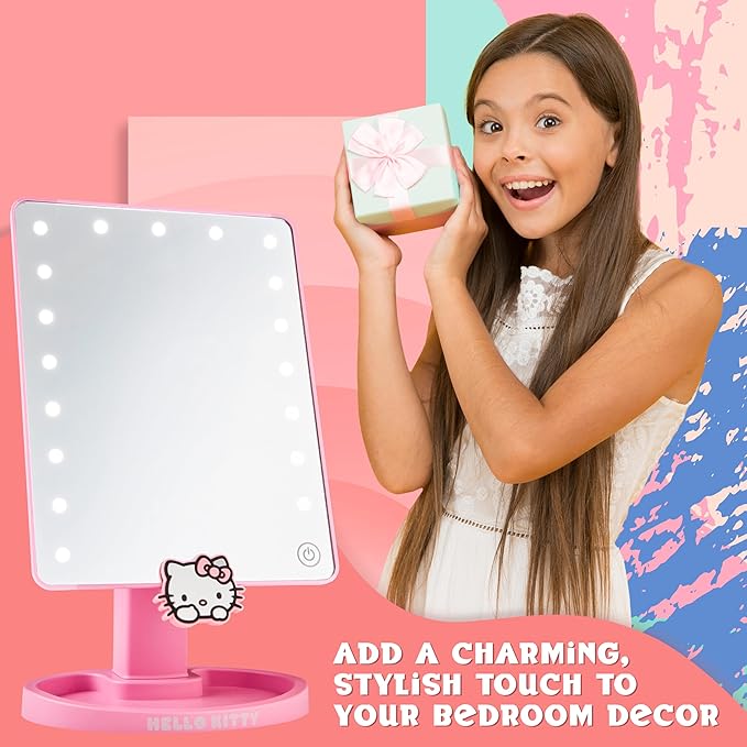 Get Trend Hello Kitty Sanrio Vanity Mirror for Girls Teens Women with Compact LED Table Mirror Touch Screen Lighting Trinket Tray Girls Make Up Accessories