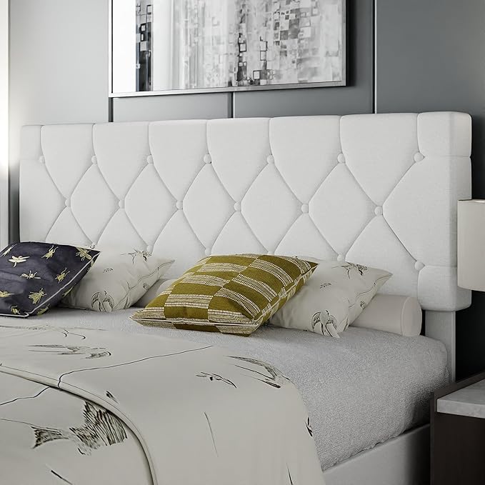VECELO Full Size Bed Frame with Button Tufted Headboard, Upholstered Platform with Wooden Slat Support, No Box Spring Needed, White