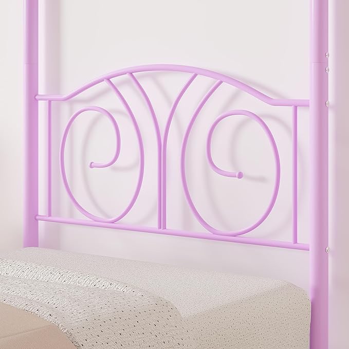 VECELO Metal Canopy Bed Frame Twin Size, 4 Posters Platform Mattress Foundation with Headboard, Heavy Duty Steel Slats Support, No Box Spring Needed, Purple
