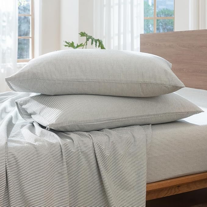 MooMee Striped Duvet Cover Set 100% Washed Cotton Linen Like Textured Breathable Durable Soft Comfy (Heathered Green Pinstripes, Oversized King Plus 128"x120")