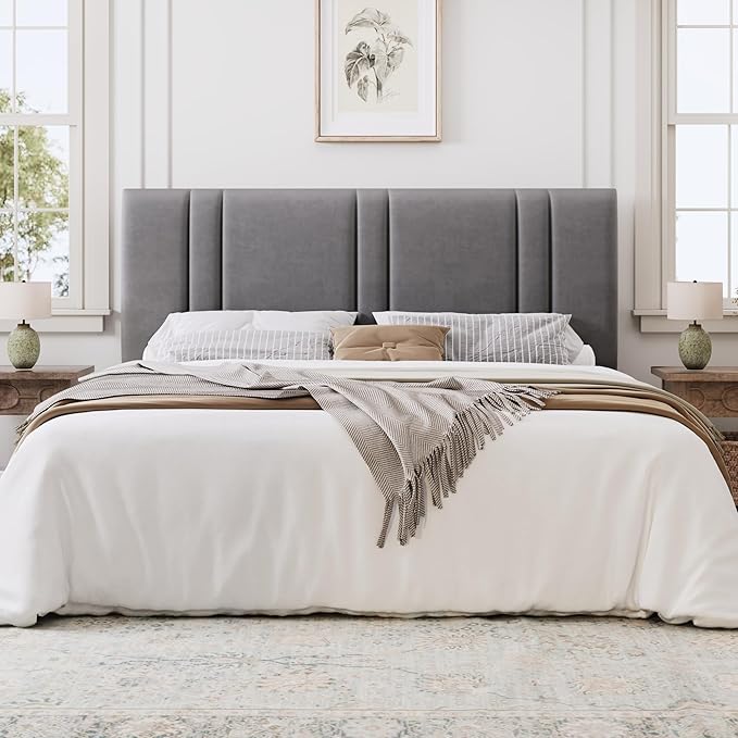 SHA CERLIN King Size Platform Bed Frame, Velvet Upholstered Bed with Adjustable Headboard, Vertical Channel Tufted Design, Sturdy Wood Slat Support, No Box Spring Needed, Easy Assembly, Light Grey