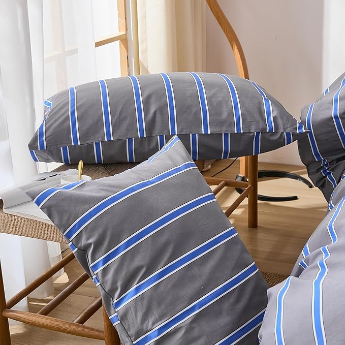 Merryword 100% Cotton Pillow Cases, Queen Size Pillowcases, Blue and Gray Striped Pillowcases, Soft Breathable Engineered Stripes Pillow Covers, Set of 2