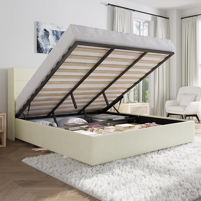 SHA CERLIN King Size Lift Up Storage Bed/Chenille Fabric Upholstered/Modern Wingback Headboard/Platform Bed Frame/Hydraulic Storage/No Box Spring Needed/Wood Slats Support/Cream