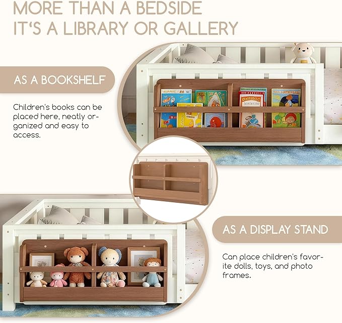 Bellemave Queen Floor Bed Frame with Fence & Bookshelf, Solid Pinewood Montessori Floor Bed Frame Queen with Slats Load 550LBS, Low Floor Bed for Kids, Bedroom, Nursery, Easy Assembly, Beige