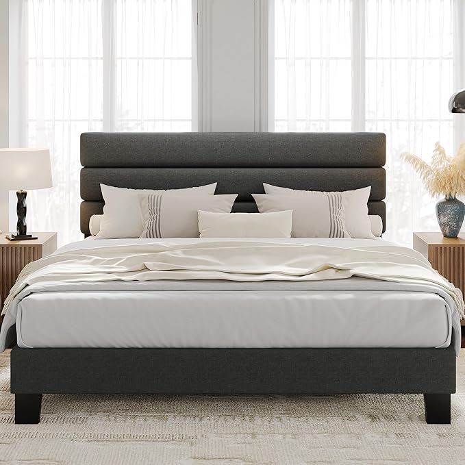 Garvee Upholstered Bed Frame with Fabric Headboard, Platform Bed with Engineered Wood Slats and Iron Frame, No Box Spring Needed, Heavy Duty Support, Grey