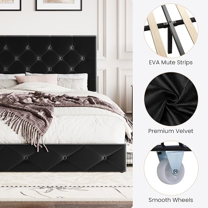 SHA CERLIN Queen Platform Bed Frame with 4 Oversized Storage Drawers, Adjustable Headboard with Velvet Upholstery, Diamond Button Tufted Design, Wooden Slat Support, No Box Spring Needed, Black