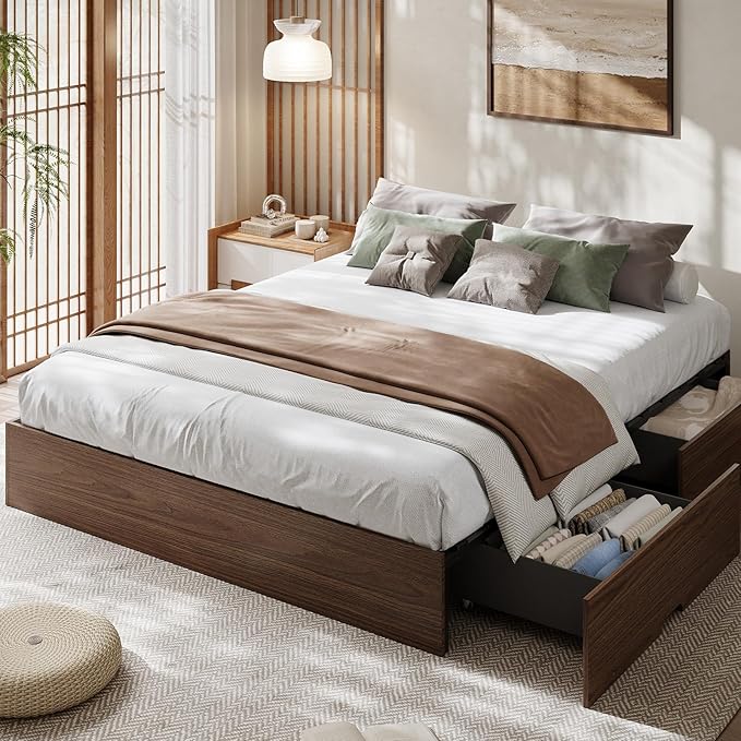 GarveeHome Queen Size Wood Platform Bed Frame with 2 Storage Drawers, Wooden Bed Frame Without Headboard, Wood Slat Support, No Box Spring Needed, Easy Assembly