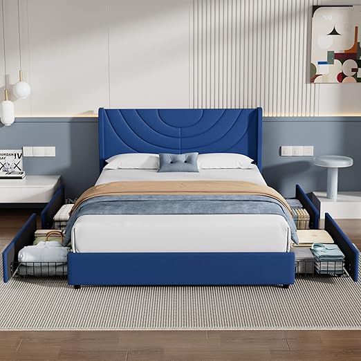 VECELO Queen Bed Frame Upholstered Platform with 4 Drawers&Fabric Headboard,Wooden Slats Support/No Box Spring Needed/Mattress Foundation,Dark Blue