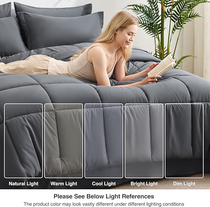 Love's cabin California King Comforter Set Soot Grey, 7 Pieces California King Bed in a Bag, All Season Bedding Sets with 1 Comforter, 1 Flat Sheet, 1 Fitted Sheet, 2 Pillowcase and 2 Pillow Sham | Soft, Breathable, Lightweight, Comfortable