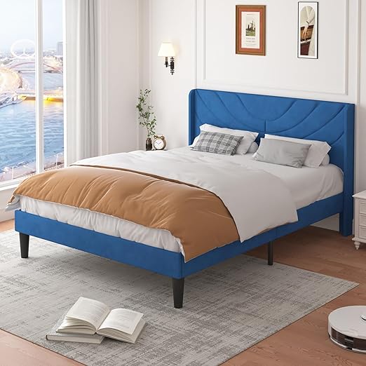 VECELO Queen Bed Frame Upholstered Platform with Fabric Headboard,Wooden Slats Support/No Box Spring Needed/Mattress Foundation,Dark Blue