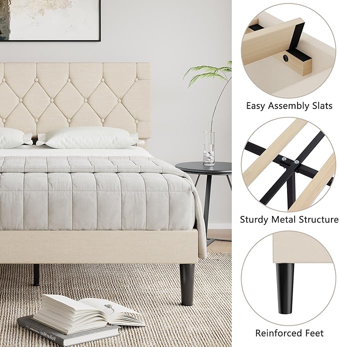VECELO Queen Bed Frame with Button Tufted Headboard, Upholstered Platform with Wooden Slat Support, No Box Spring Needed, Dark Beige