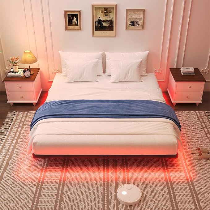 Awesofurni Floating Bed Frame Queen Size, Queen Bed Frame with Smart LED Lights, Heavy Duty Modern Metal Platform Bed No Box Spring Needed - Easy Assembly and Noise Free