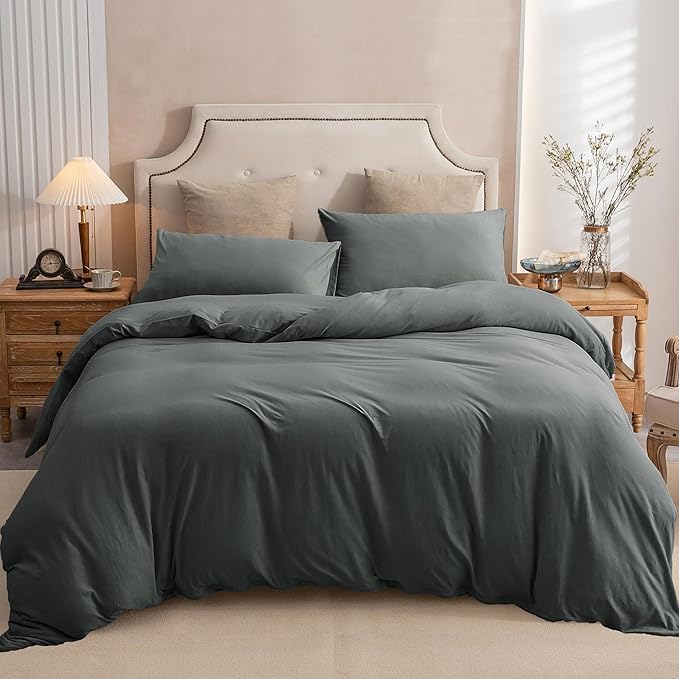 PURE ERA Jersey Knit Duvet Cover Set 100% T-Shirt Cotton Super Soft Comfy 3pc Bedding Set with Zipper Closure (Solid Dark Greenish Gray, Full)