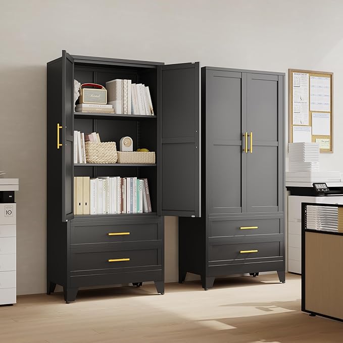 erosoei 71" H Metal Pantry Storage Cabinet,Office File Cabinets with 2 Drawers and Shelves, Kitchen Cupboard Storage Cabinet for Bedroom and Dinning Room（Black）