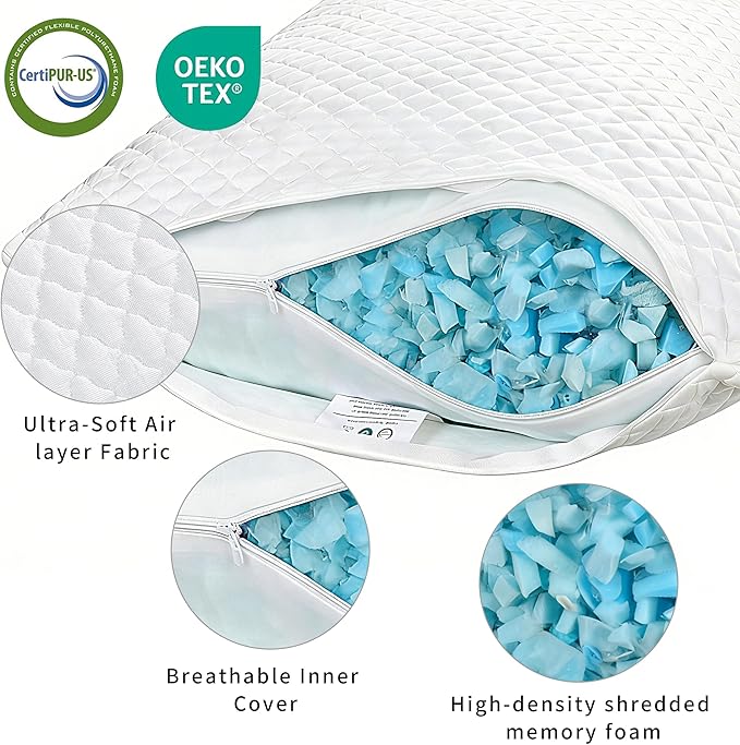 Cooling Pillow for Sleeping King Size Set of 2, Shredded Memory Foam Pillows Adjustable Firm Bed Pillow with Zipper, Cool Pillow for Hot, Side, Back and Stomach Sleepers